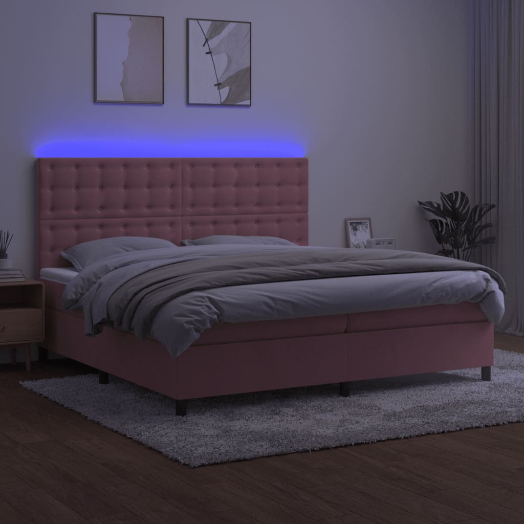 kontinentalseng med LED-lys 200x200 cm fløjl lyserød