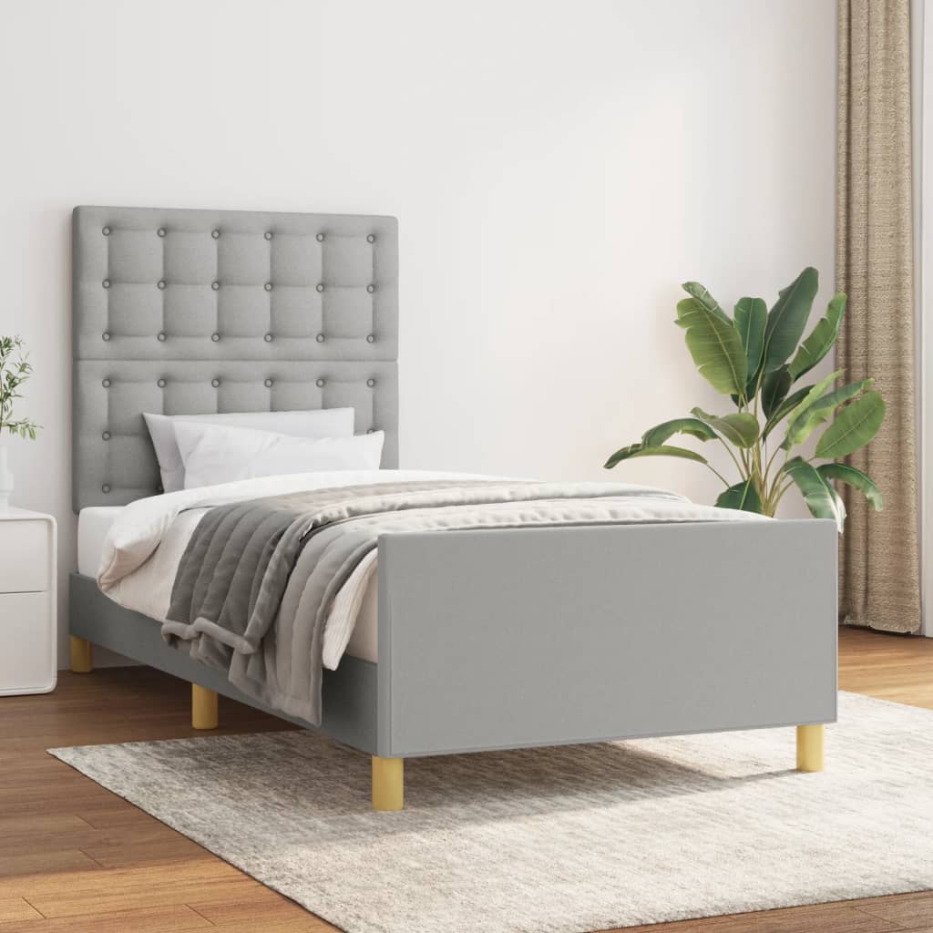 sengeramme med sengegavl 90x190 cm stof lysegrå