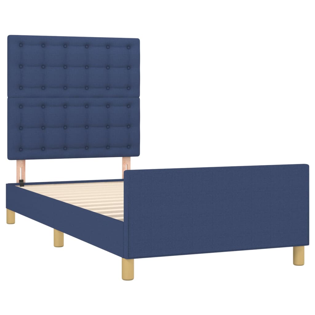sengeramme med sengegavl 90x190 cm stof blå