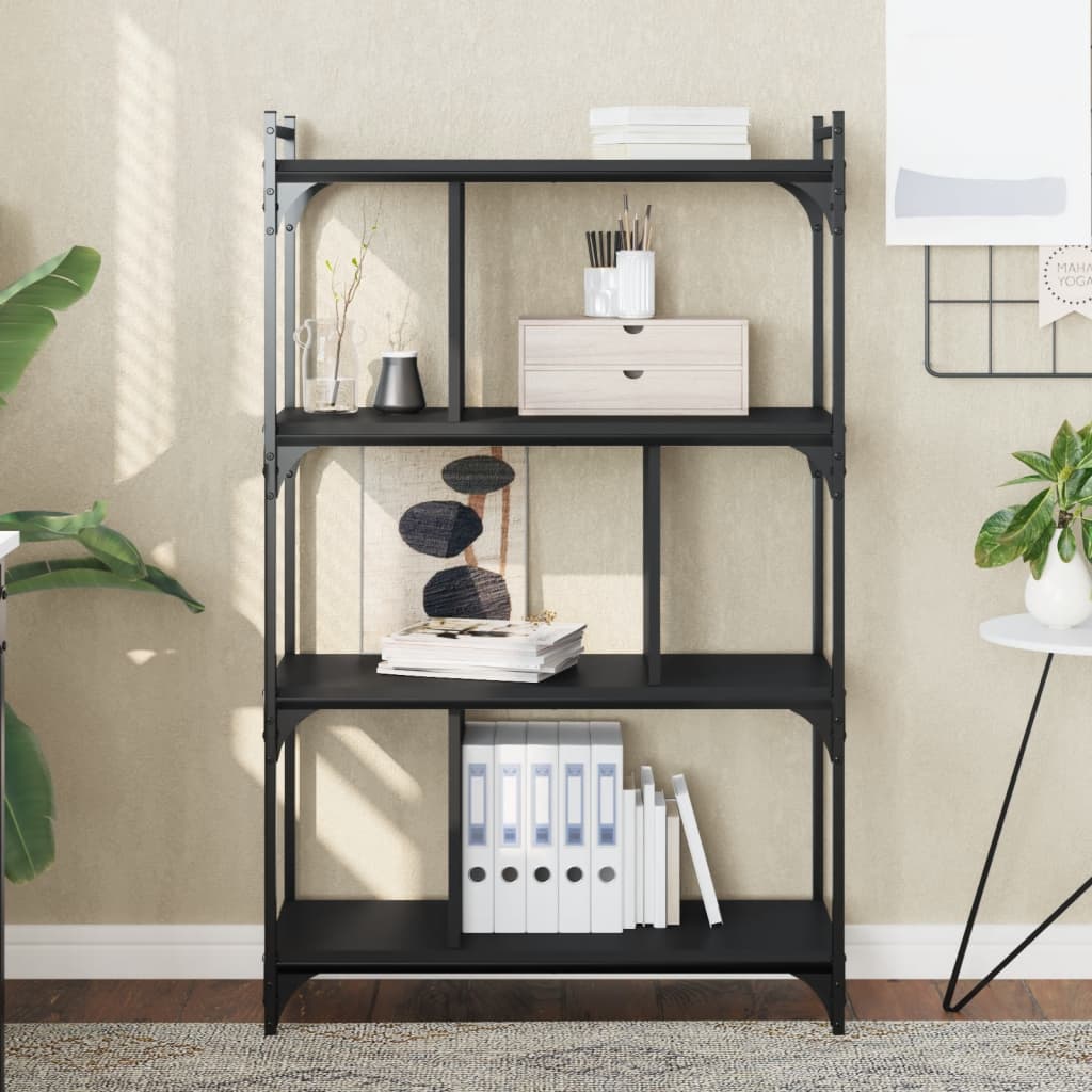 Bogreol med 4 hylder - 76×32×123 cm i sort konstrueret træ og metal