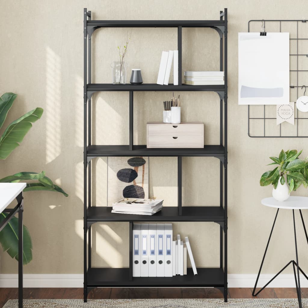 Bogreol med 5 hylder - 76×32×158 cm, konstrueret træ, sort