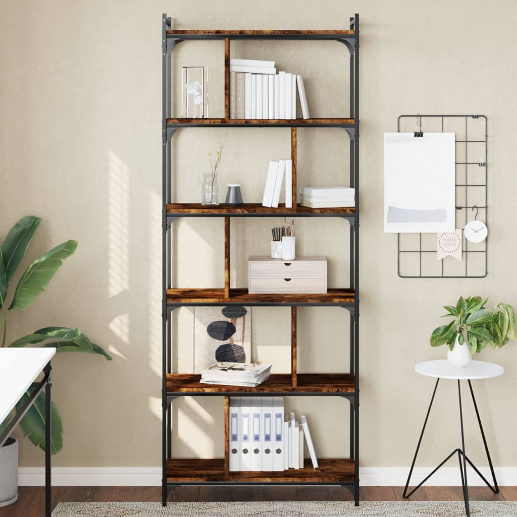 Bogreol i røget eg - 76×32×192 cm med 6 hylder og metalstel
