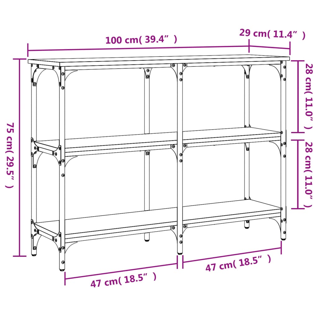 konsolbord 100x29x75 cm konstrueret træ brun egetræ