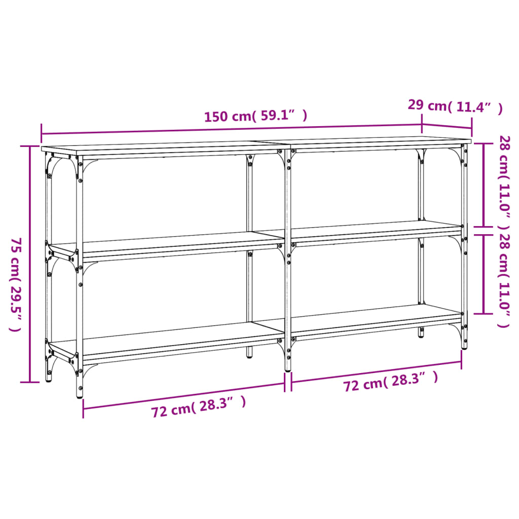 konsolbord 150x29x75 cm konstrueret træ røget egetræsfarve