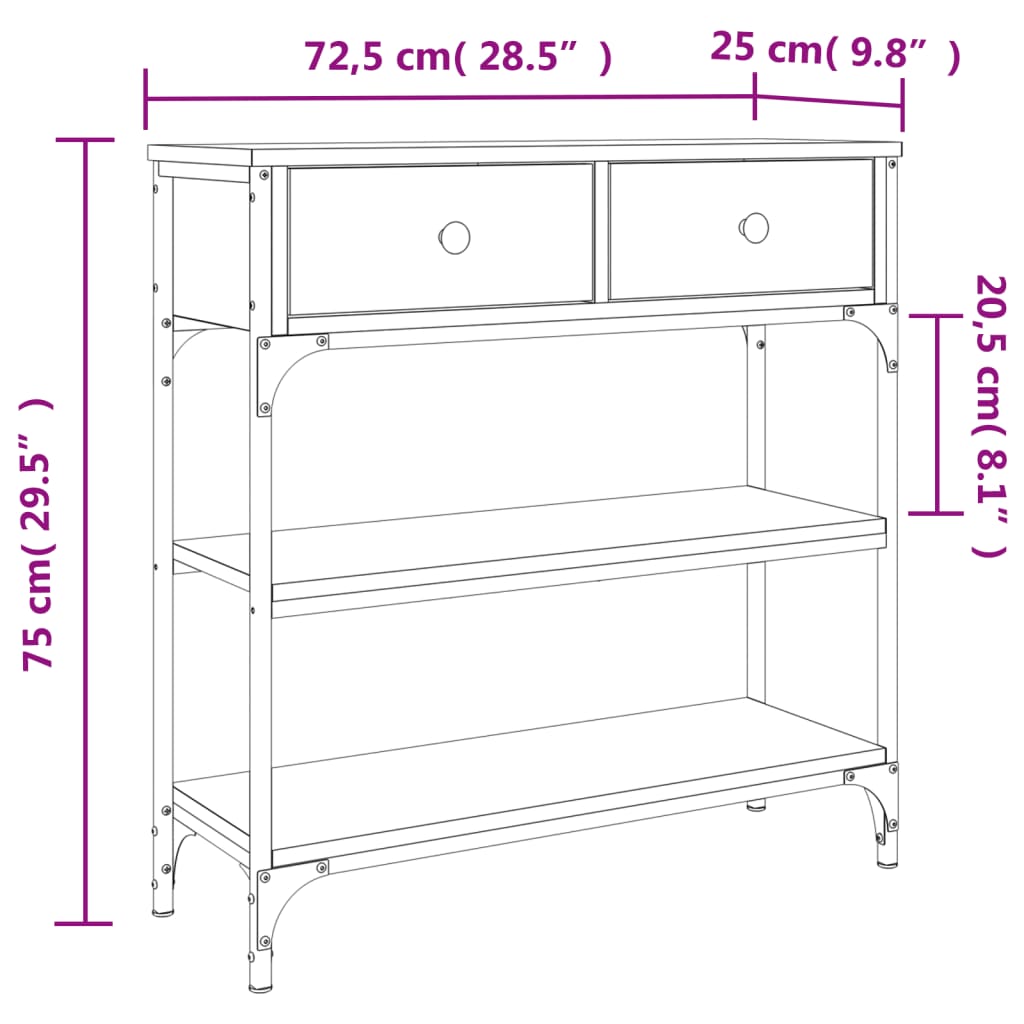 konsolbord 72,5x25x75 cm konstrueret træ sonoma-eg