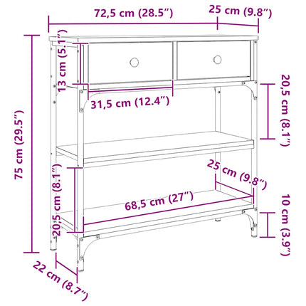 konsolbord 72,5x25x75 cm konstrueret træ sonoma-eg