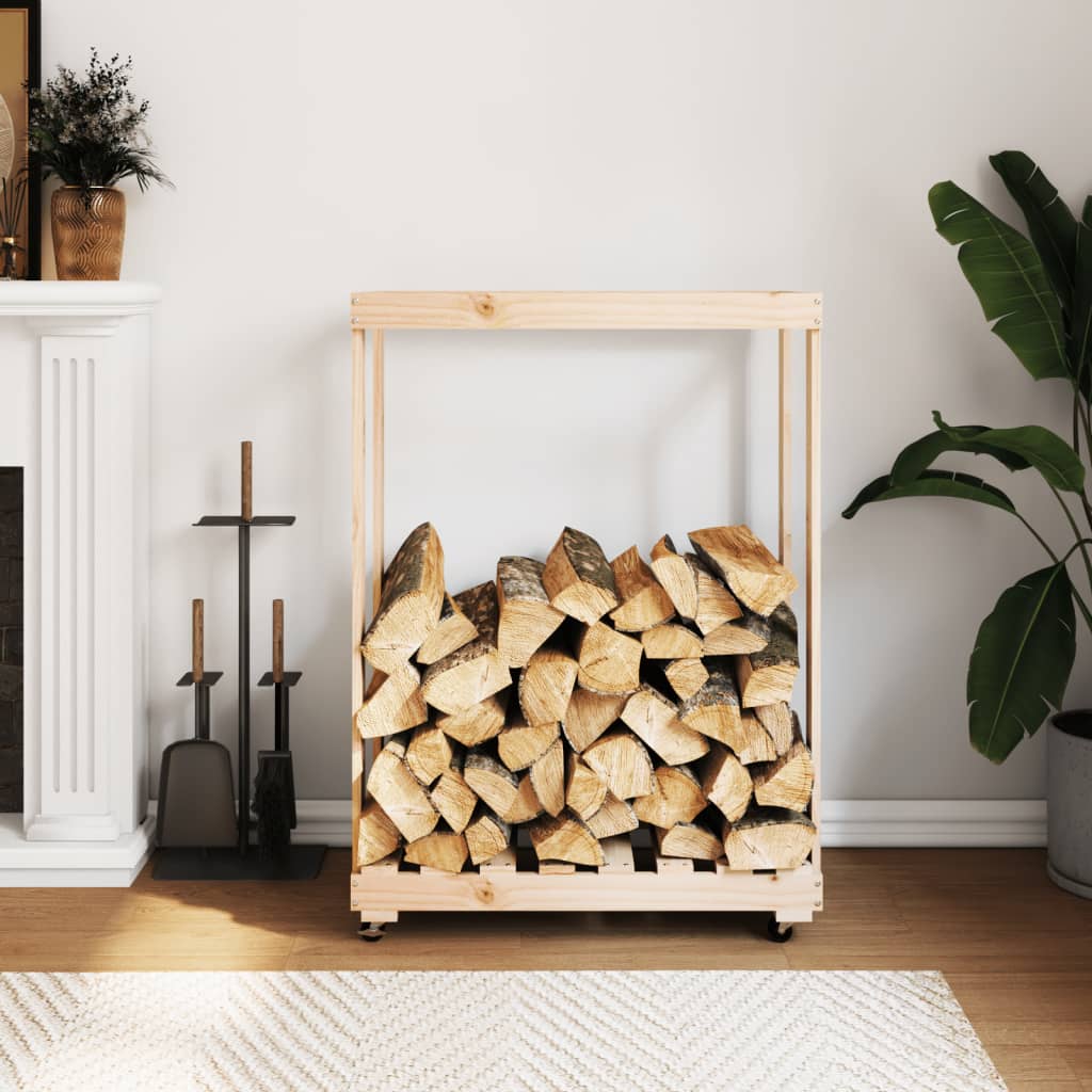 brændestativ med hjul 76,5x40x108 cm massivt fyrretræ billede