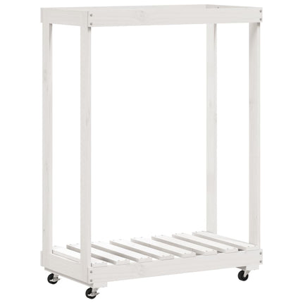 brændestativ med hjul 76,5x40x108 cm massivt fyrretræ hvid