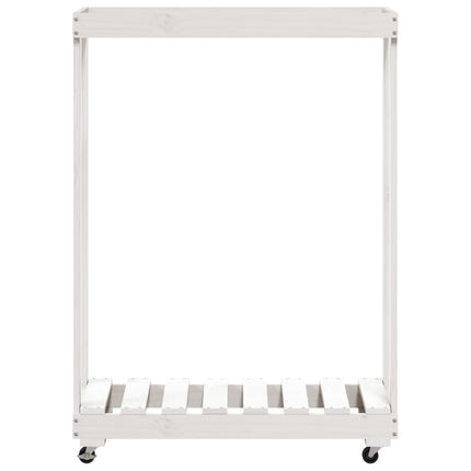 brændestativ med hjul 76,5x40x108 cm massivt fyrretræ hvid