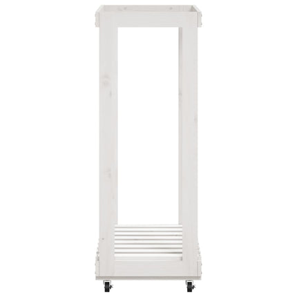 brændestativ med hjul 76,5x40x108 cm massivt fyrretræ hvid