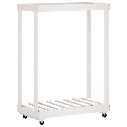 brændestativ med hjul 76,5x40x108 cm massivt fyrretræ hvid
