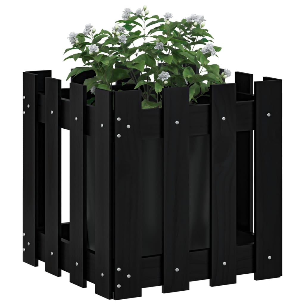 plantekasse med stakitdesign 40x40x40 cm massivt fyrretræ sort