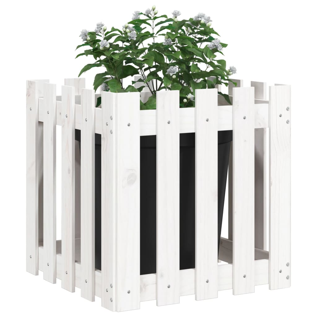 plantekasse med stakitdesign 50x50x50 cm massivt fyrretræ hvid