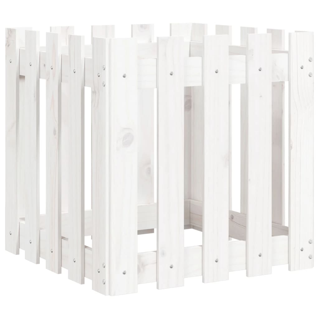 plantekasse med stakitdesign 50x50x50 cm massivt fyrretræ hvid