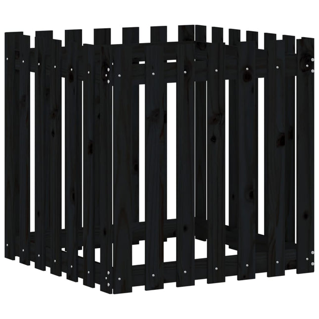 plantekasse med stakitdesign 70x70x70 cm massivt fyrretræ sort