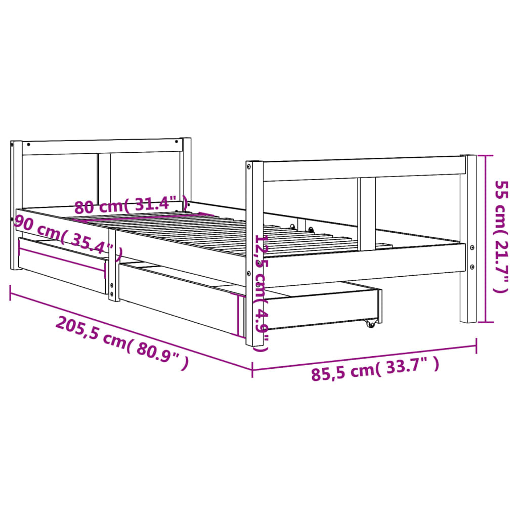 sengeramme til juniorseng m. skuffer 80x200 cm massivt fyr hvid