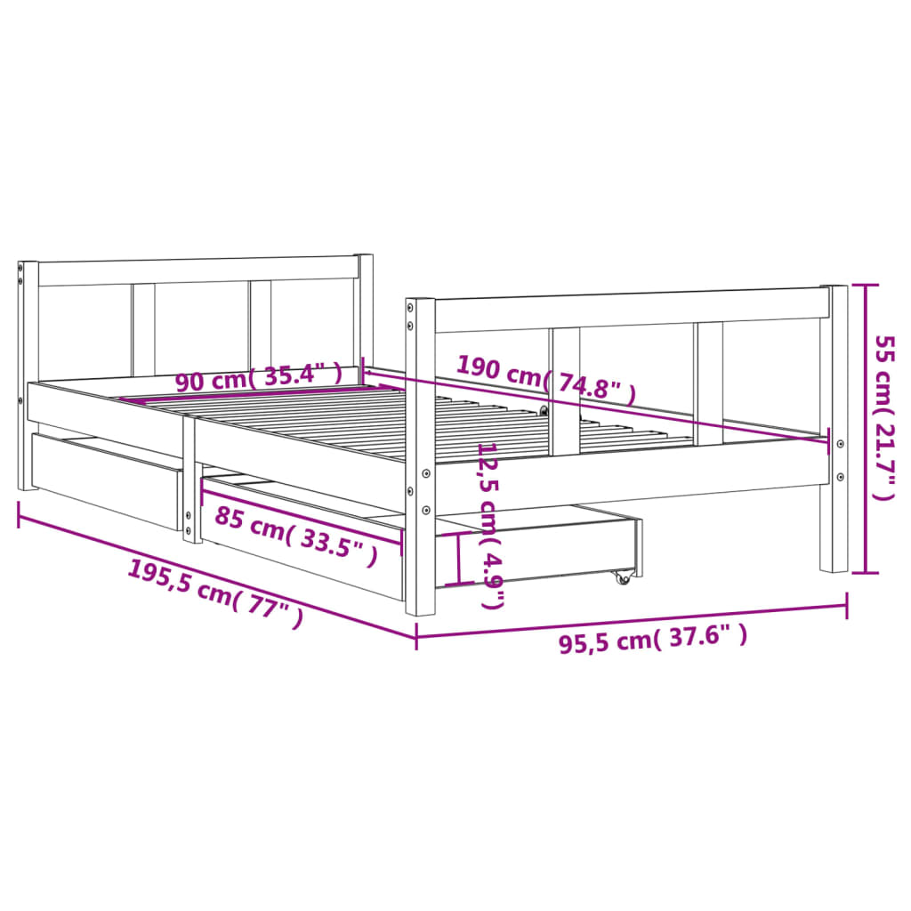 sengeramme til juniorseng m. skuffer 90x190 cm massivt fyr hvid