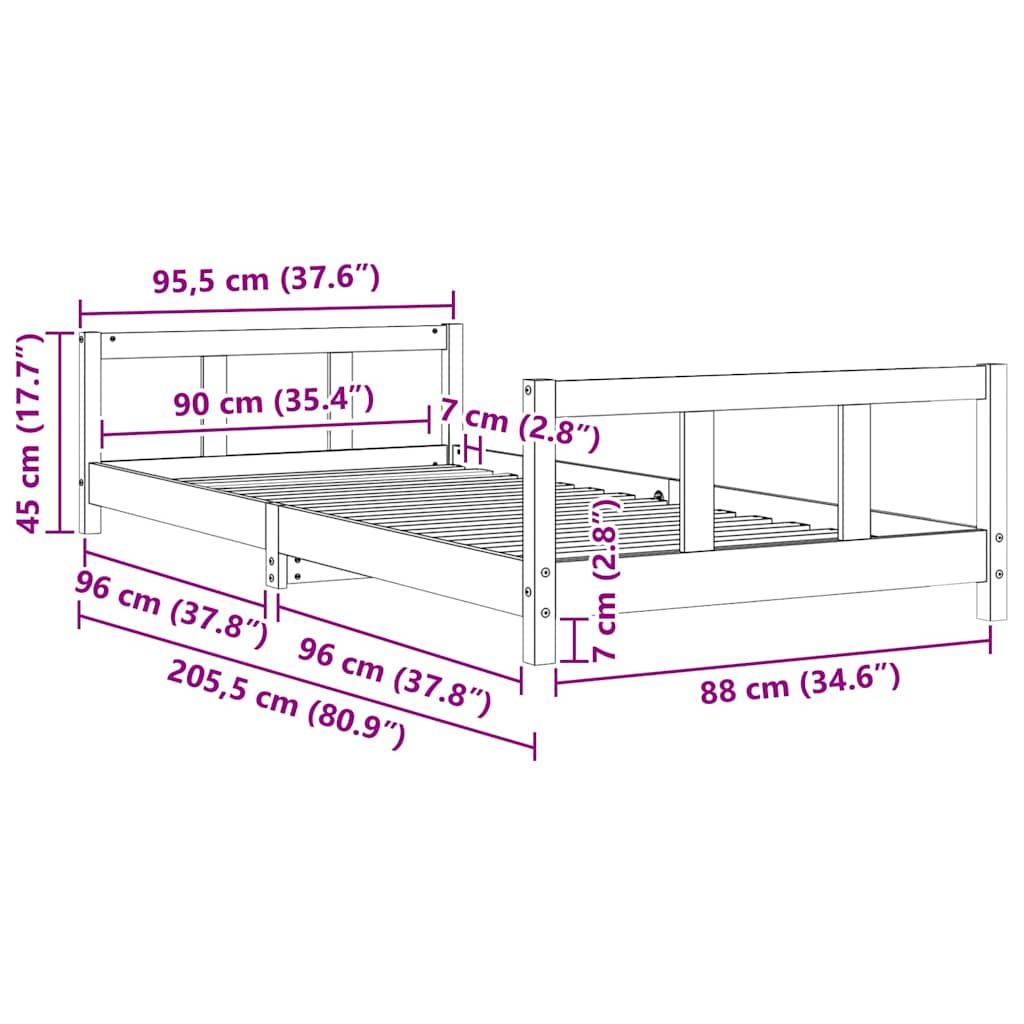 sengeramme til juniorseng 90x200 cm massivt fyrretræ hvid