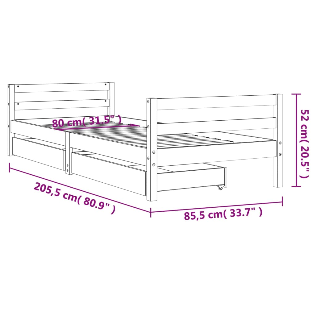 sengeramme til juniorseng m. skuffer 80x200 cm massivt fyr hvid