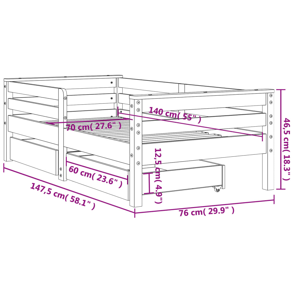 sengeramme til juniorseng m. skuffer 70x140 cm massivt fyr