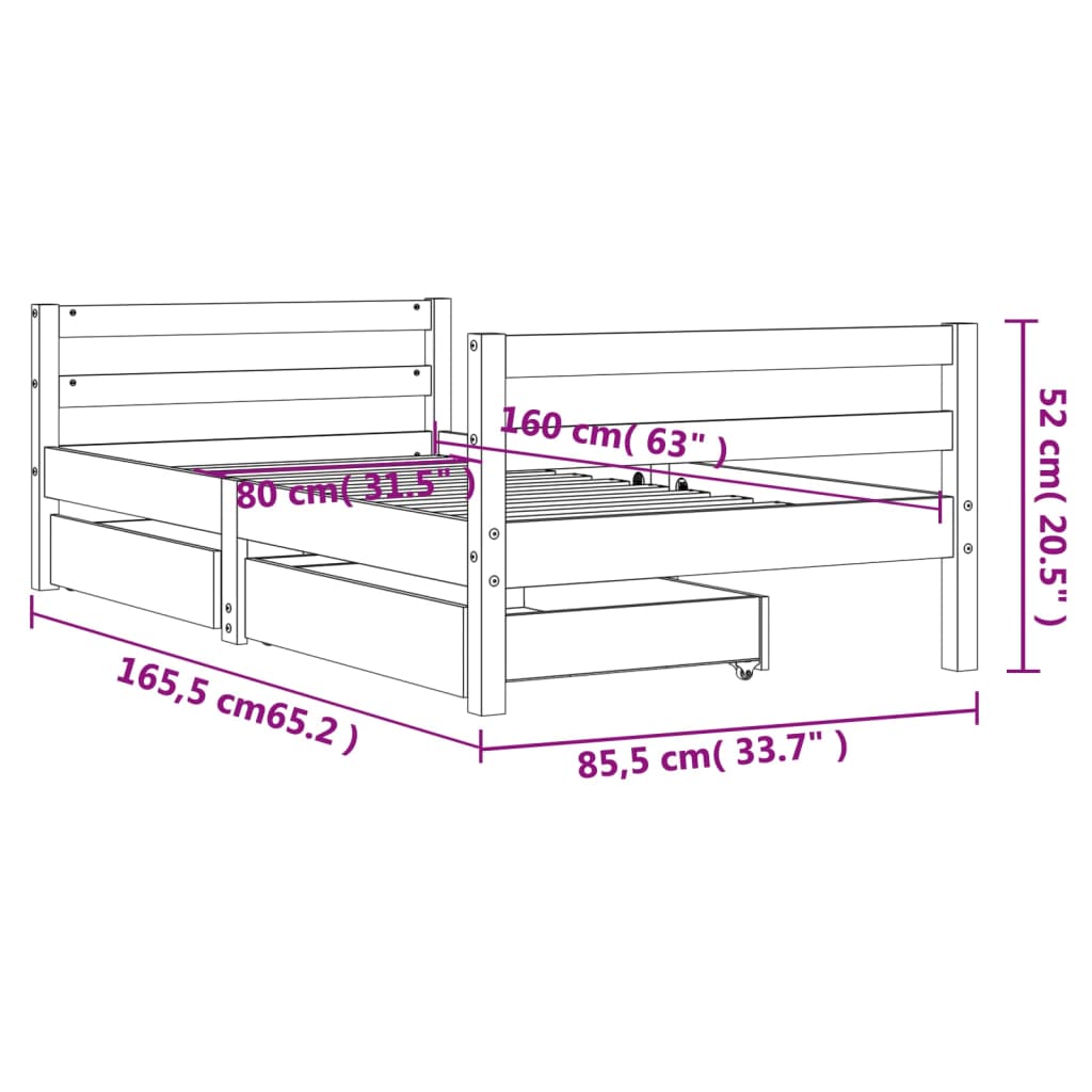 sengeramme til juniorseng m. skuffer 80x160 cm massivt fyr hvid