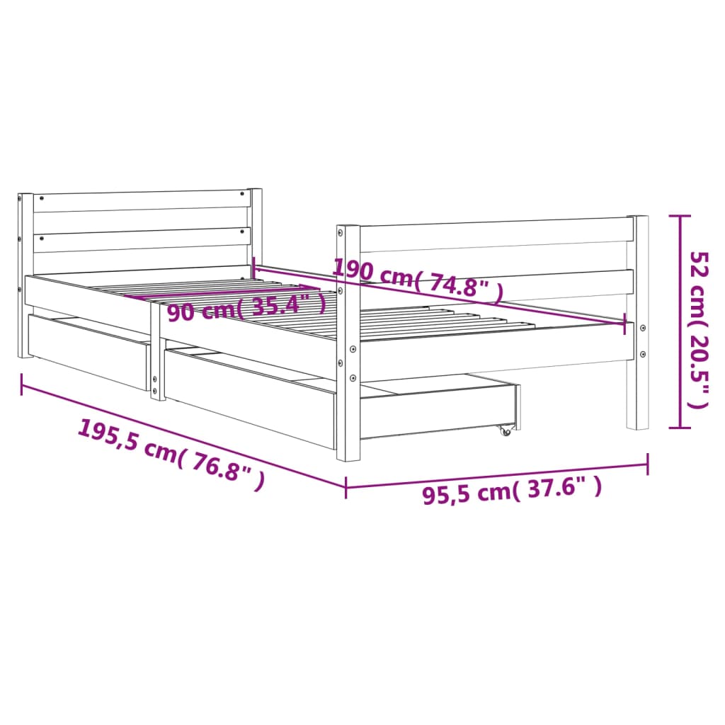 sengeramme til juniorseng m. skuffer 90x190 cm massivt fyr