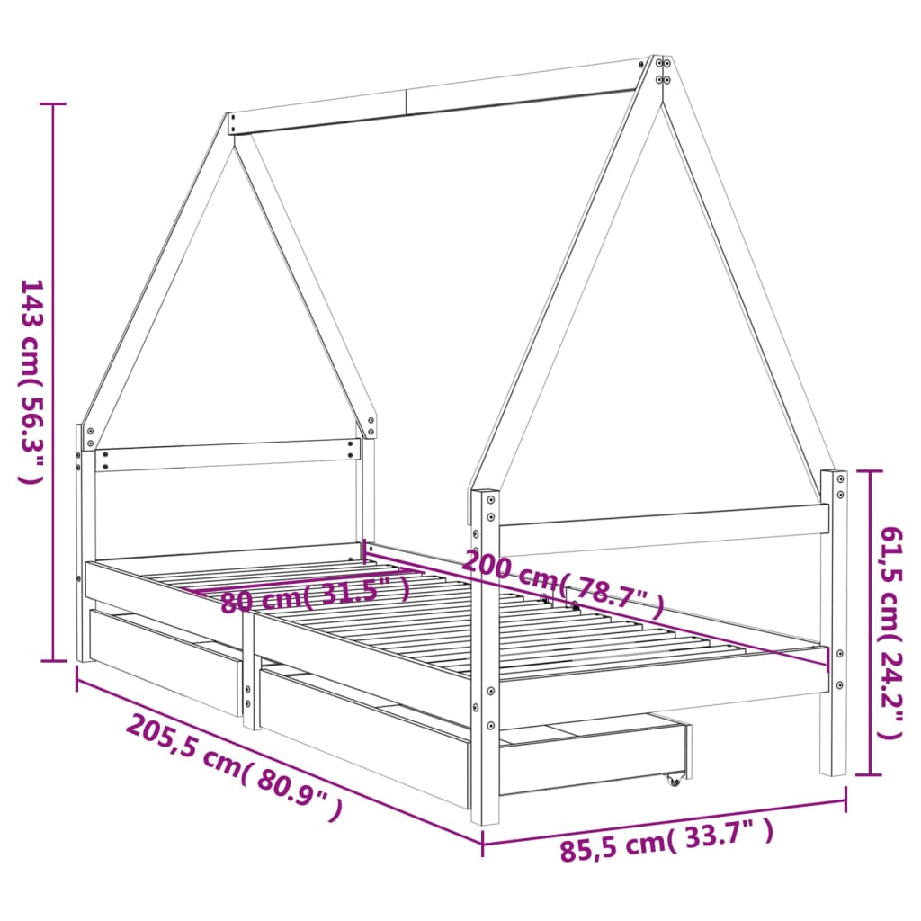 sengeramme til juniorseng m. skuffer 80x200 cm massivt fyr