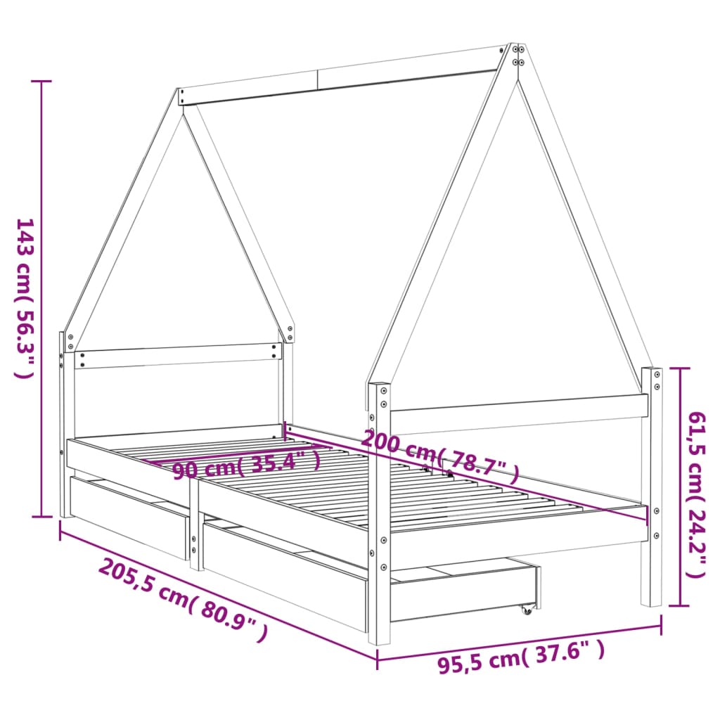 sengeramme til juniorseng m. skuffer 90x200 cm massivt fyr