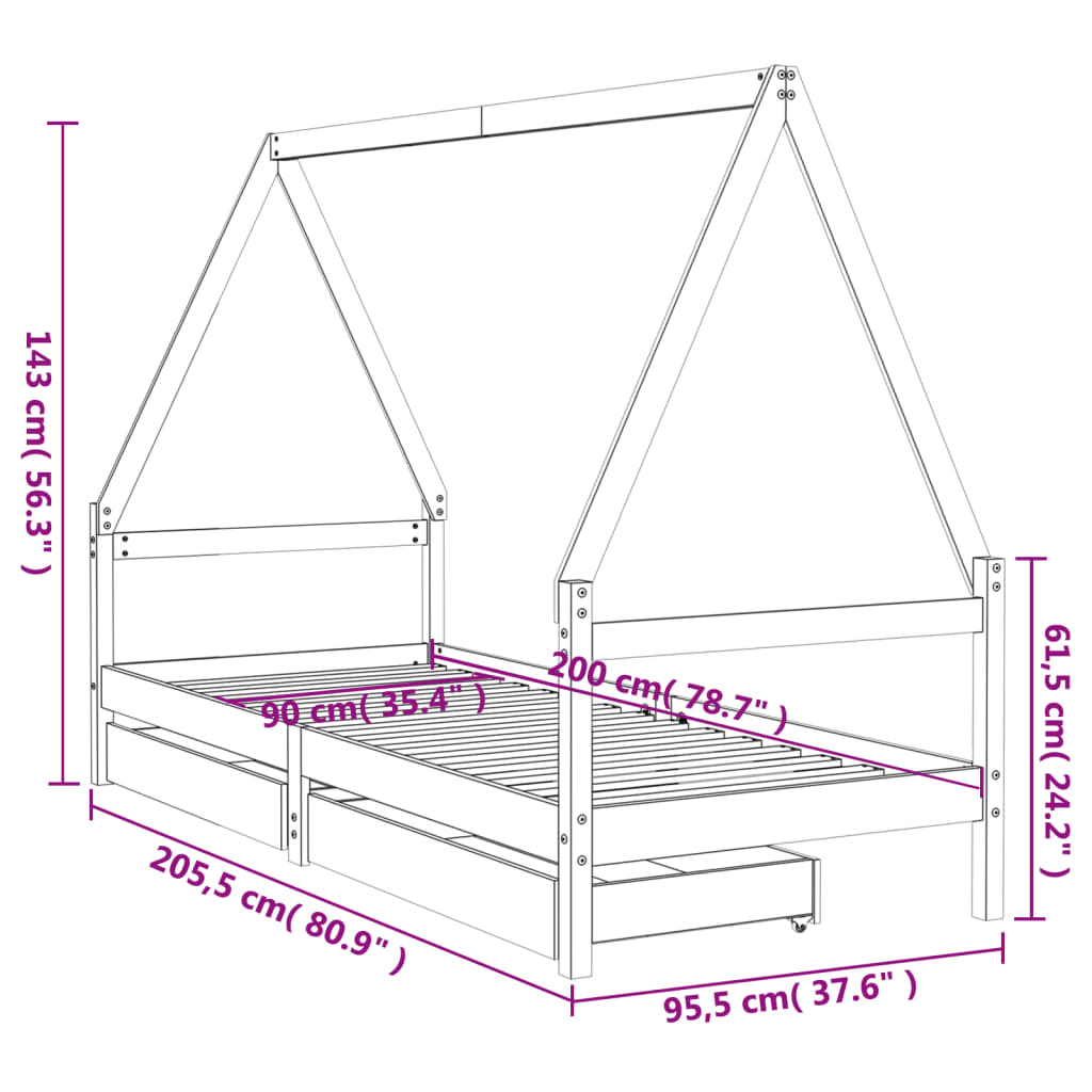 sengeramme til juniorseng m. skuffer 90x200 cm massivt fyr hvid