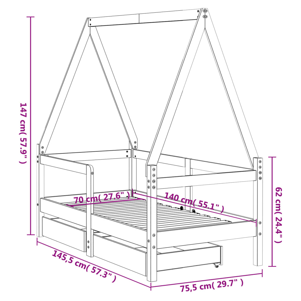 sengeramme til juniorseng m. skuffer 70x140 cm massivt fyr