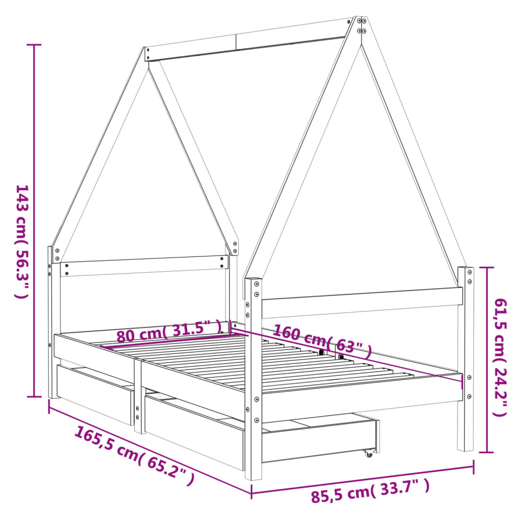 sengeramme til juniorseng 80x160 cm massivt fyrretræ