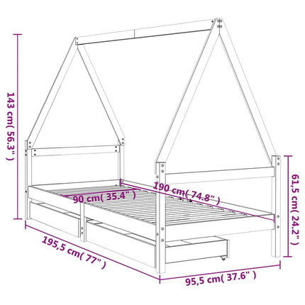 sengeramme til juniorseng m. skuffer 90x190 cm massivt fyr
