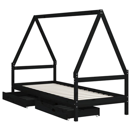 sengeramme til juniorseng m. skuffer 90x190 cm massivt fyr sort