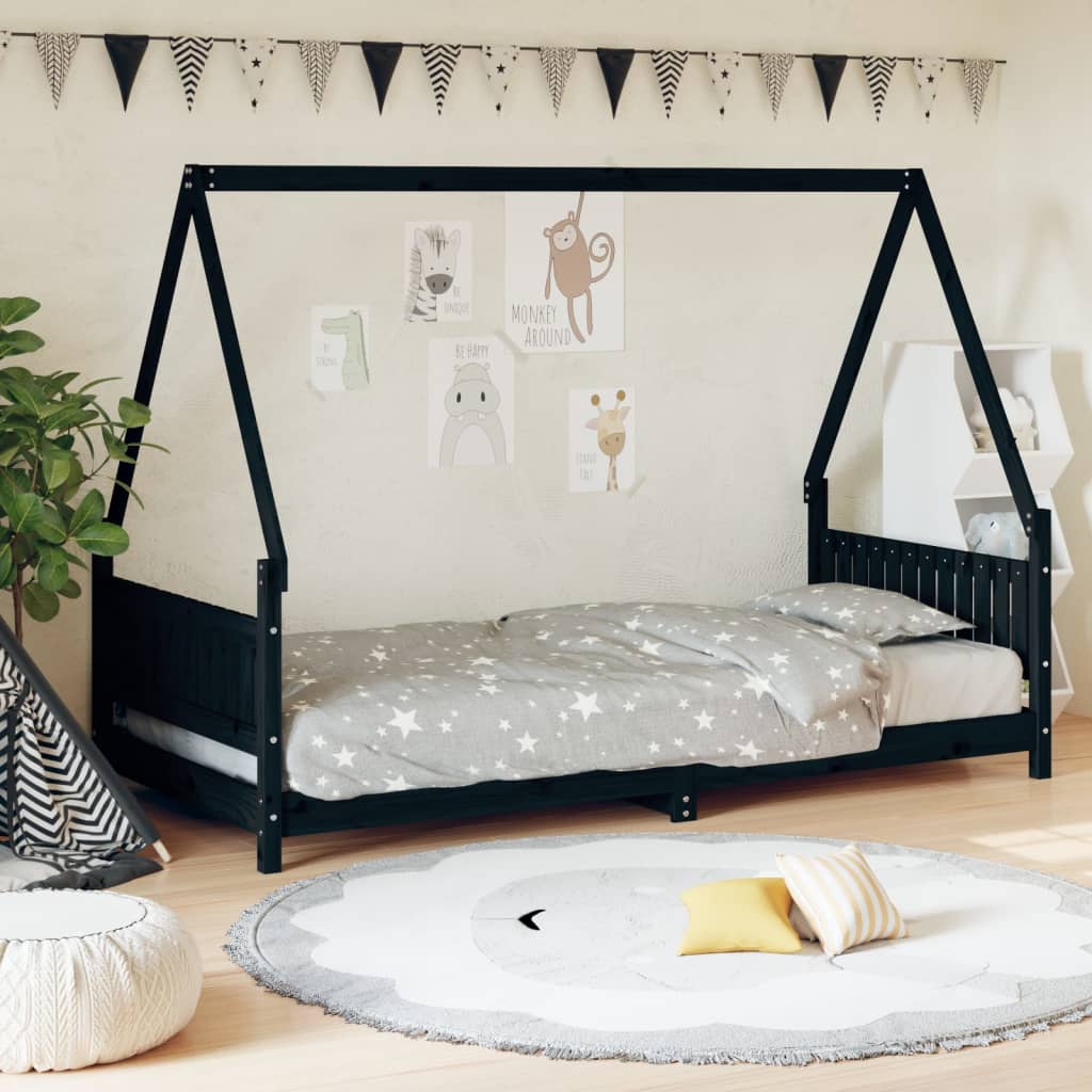 sengeramme til juniorseng 90x190 cm massivt fyrretræ sort