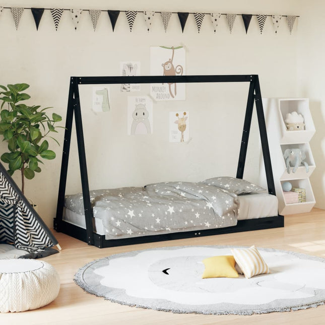 sengeramme til juniorseng 80x160 cm massivt fyrretræ sort