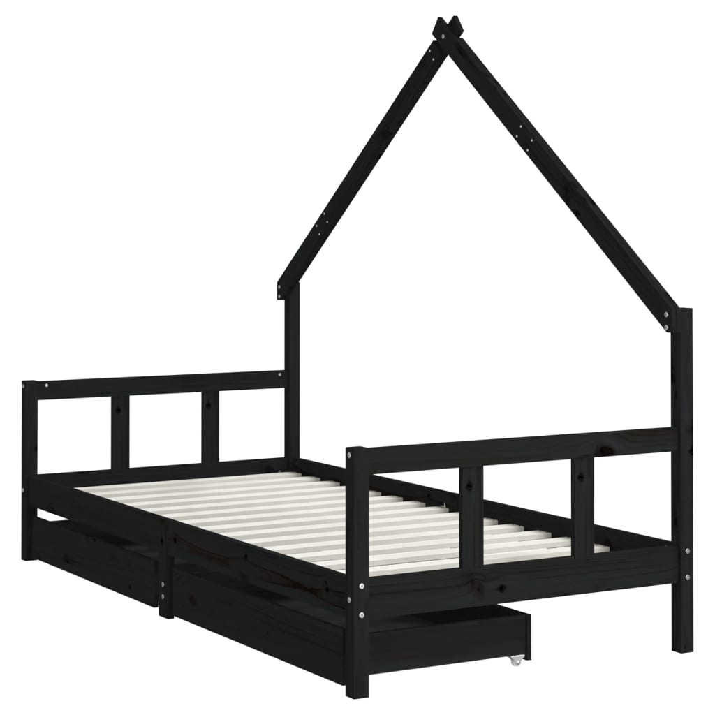 sengeramme til juniorseng m. skuffer 90x200 cm massivt fyr sort