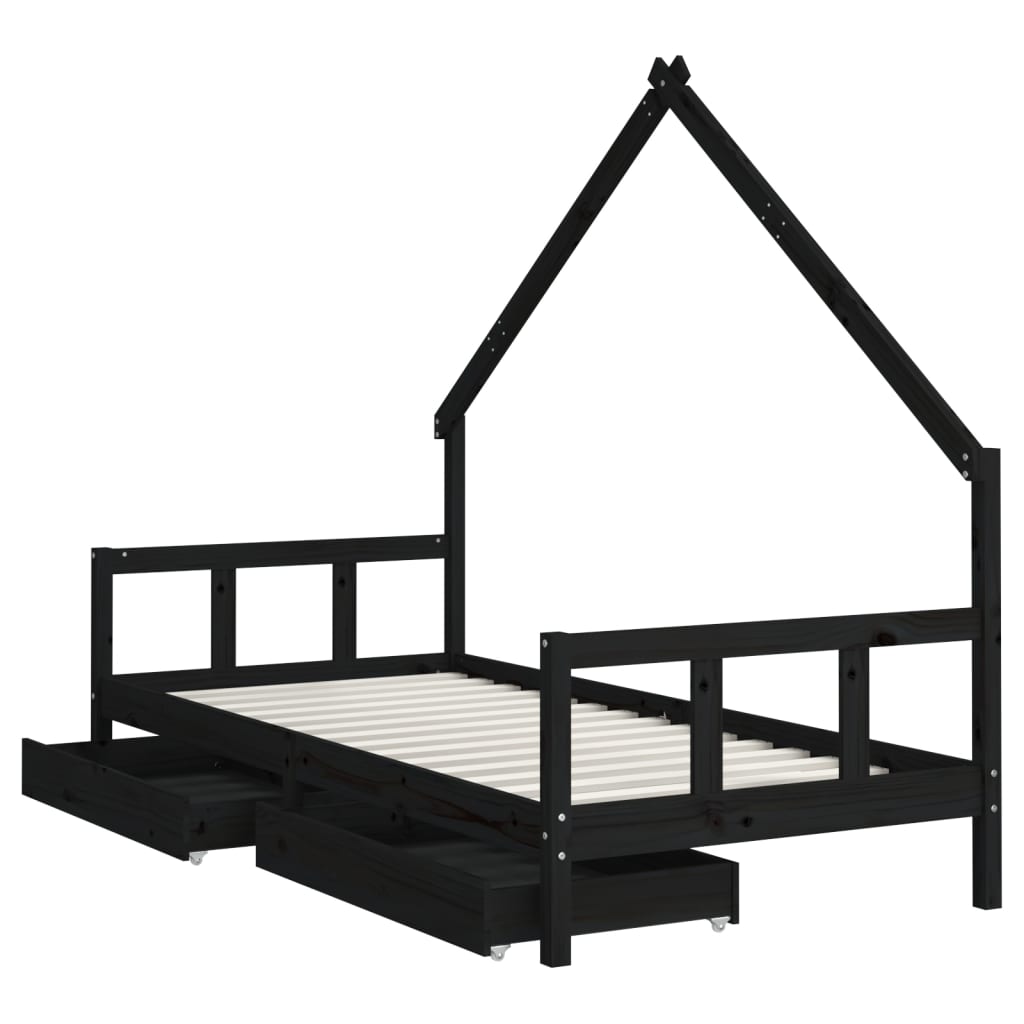 sengeramme til juniorseng m. skuffer 90x200 cm massivt fyr sort