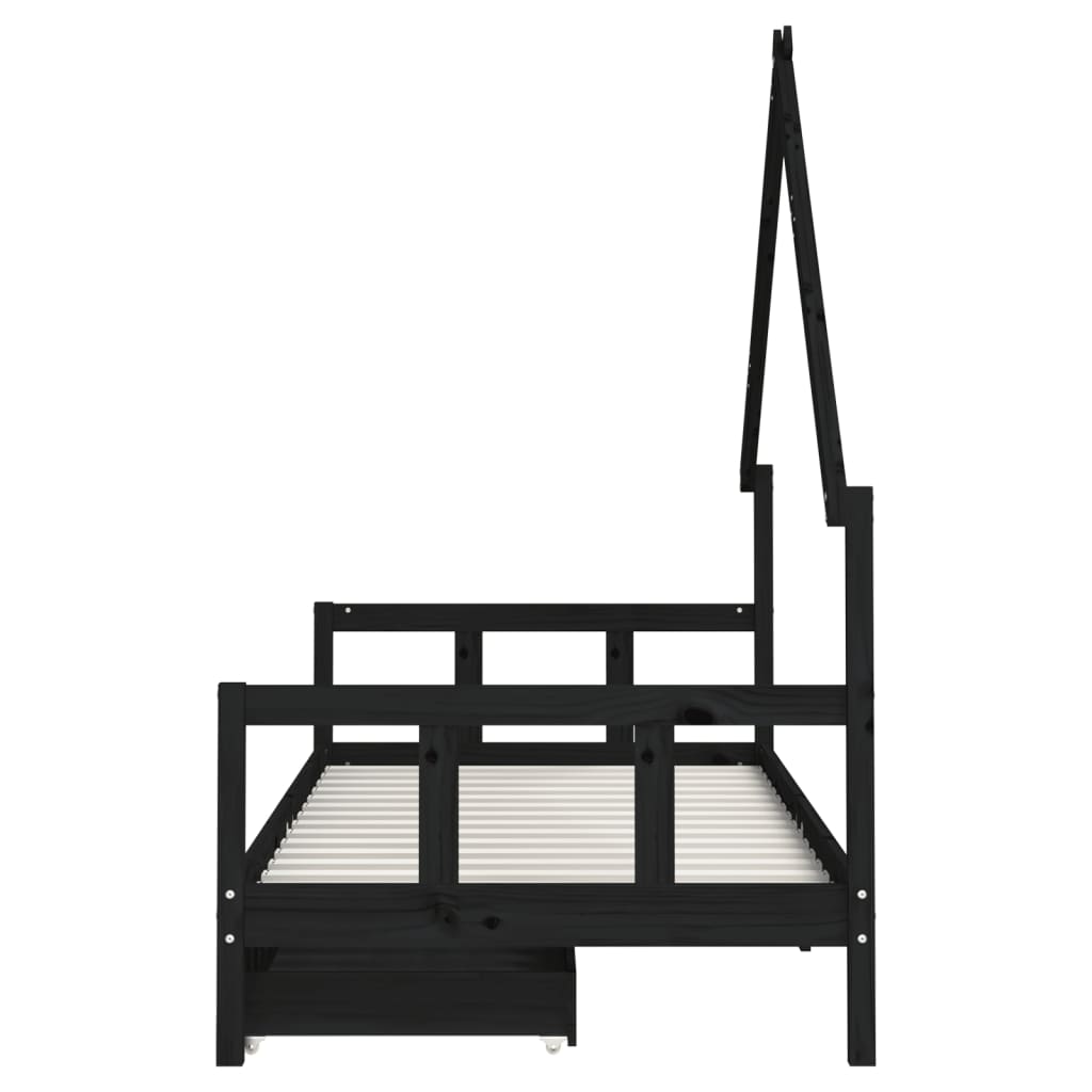 sengeramme til juniorseng m. skuffer 90x200 cm massivt fyr sort