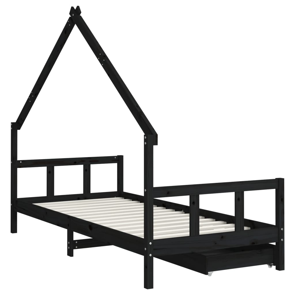 sengeramme til juniorseng m. skuffer 90x200 cm massivt fyr sort