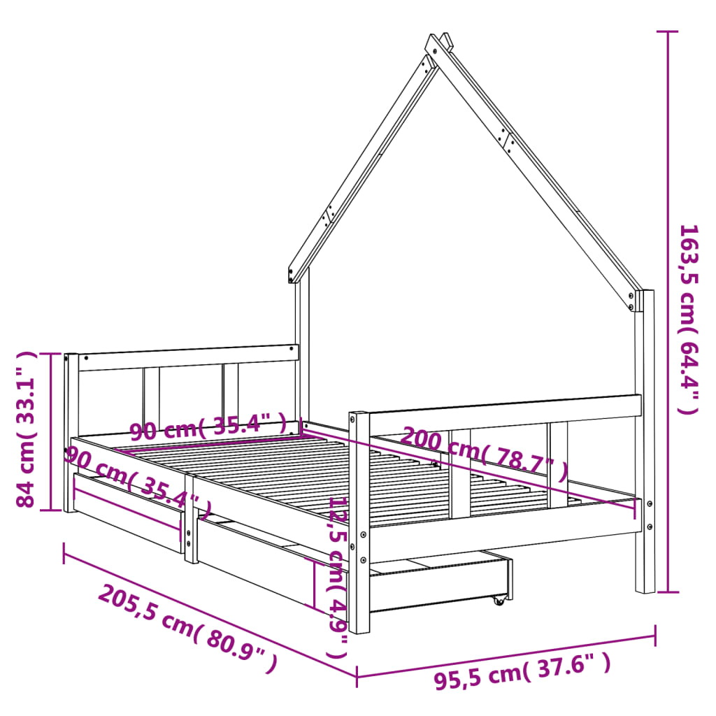 sengeramme til juniorseng m. skuffer 90x200 cm massivt fyr sort