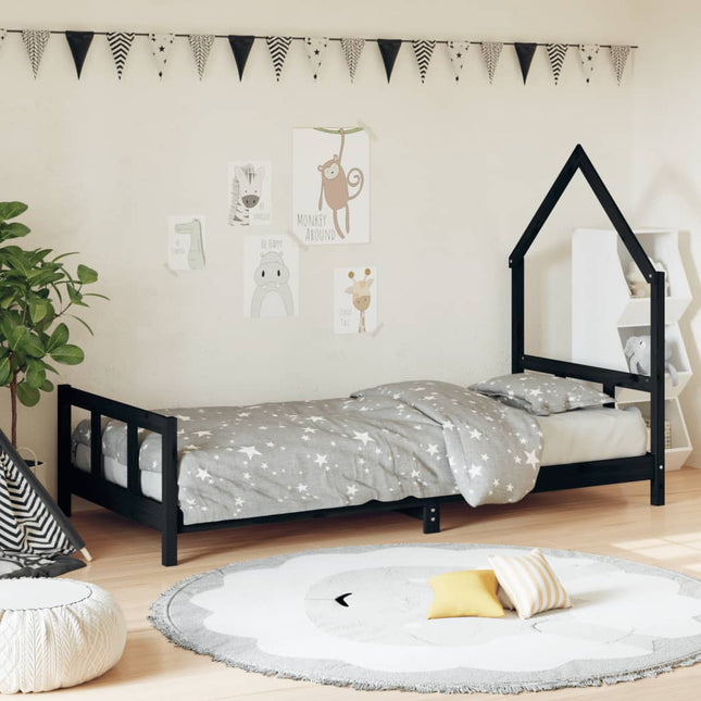 sengeramme til juniorseng 90x190 cm massivt fyrretræ sort
