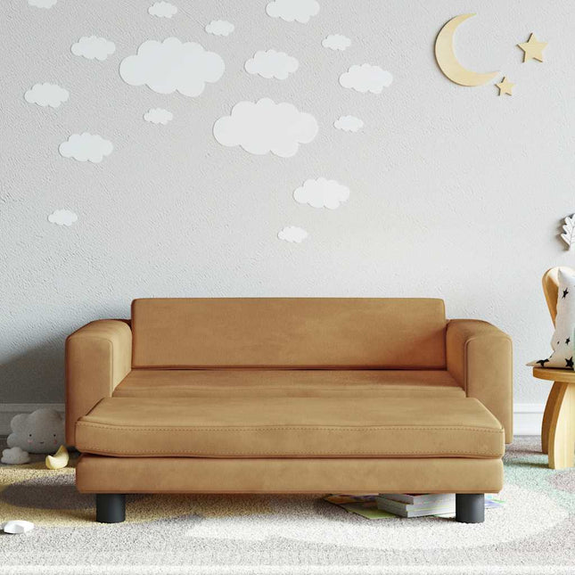 børnesofa med fodskammel 100x50x30 cm fløjl brun
