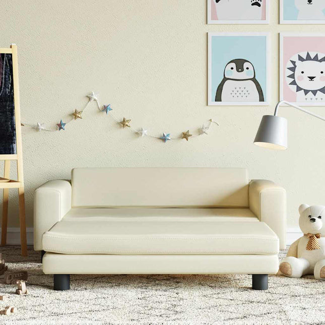 børnesofa med fodskammel 100x50x30 cm kunstlæder cremefarvet