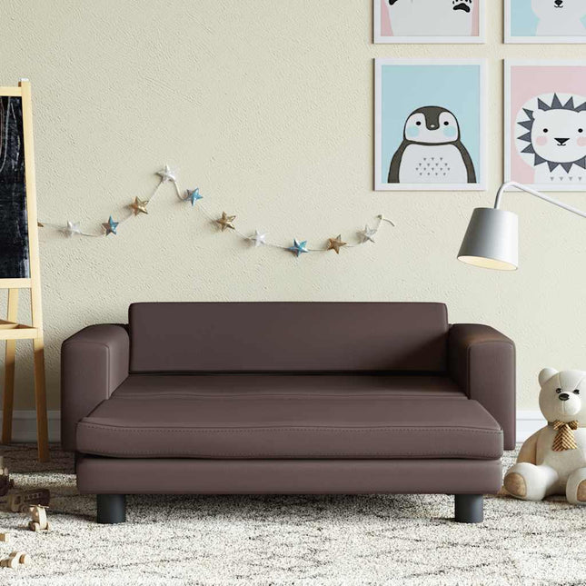 børnesofa med fodskammel 100x50x30 cm kunstlæder brun