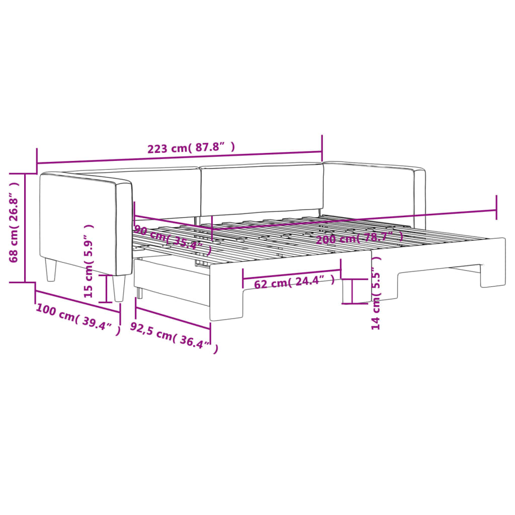 daybed med udtræk 90x200 cm stof lysegrå