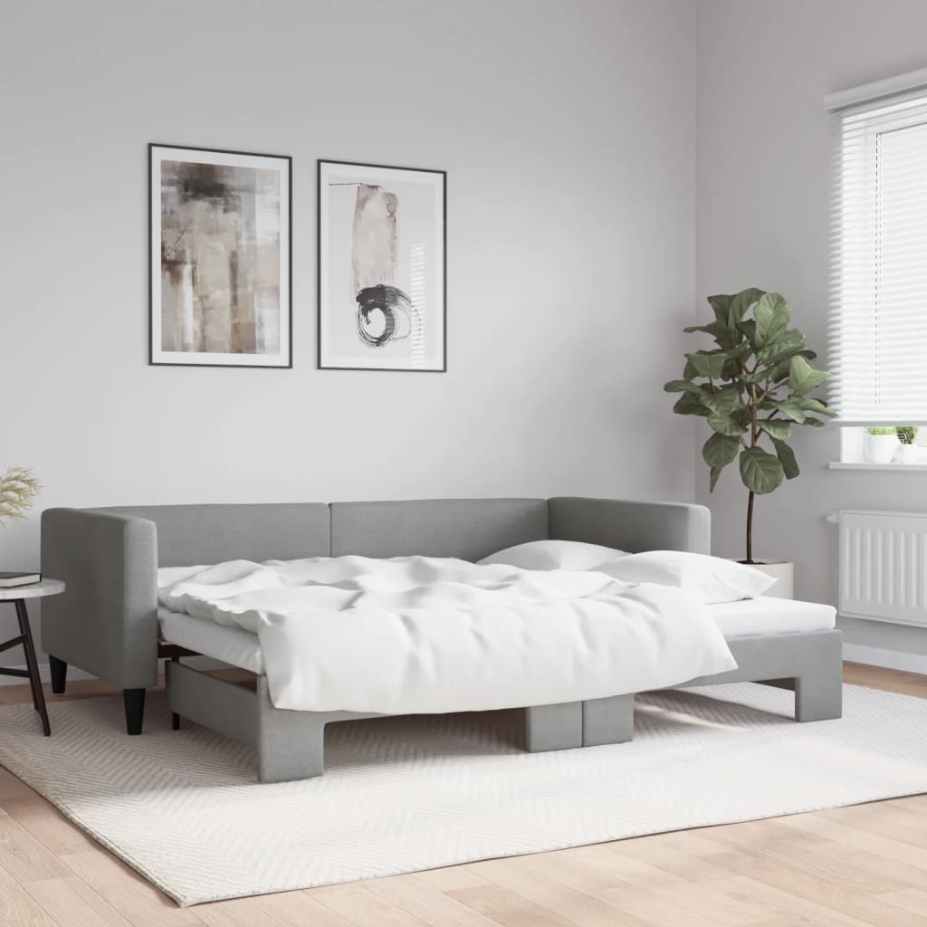 Daybed med udtræk 90×200 cm - stof, lysegrå