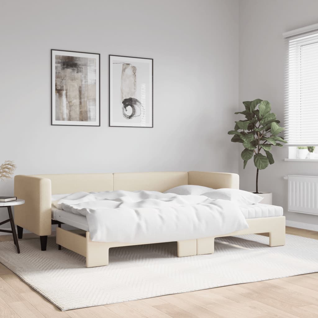 daybed med udtræk og madras 80x200 cm stof cremefarvet