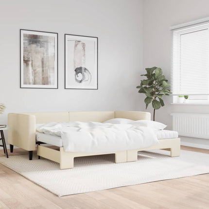 daybed med udtræk og madras 90x200 cm stof cremefarvet