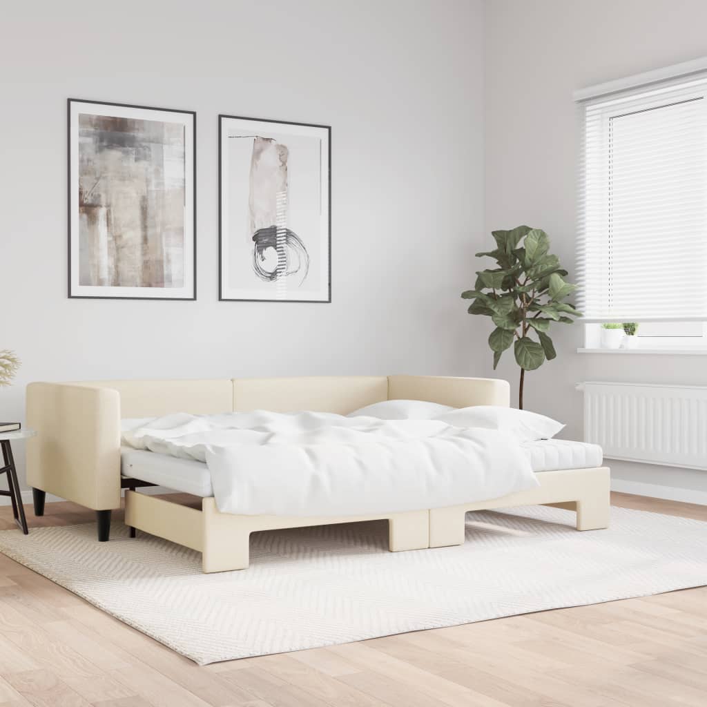 daybed med udtræk og madras 90x200 cm stof cremefarvet