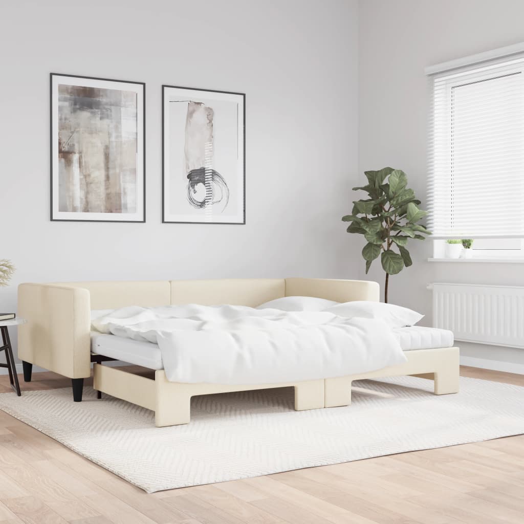 Daybed Stof Farvet Creme - med udtræk og madras / 100 x 200 cm